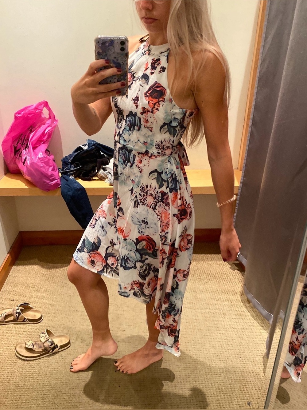 White Floral High-Neck Asymmetrical/ High-Low Hem Dress